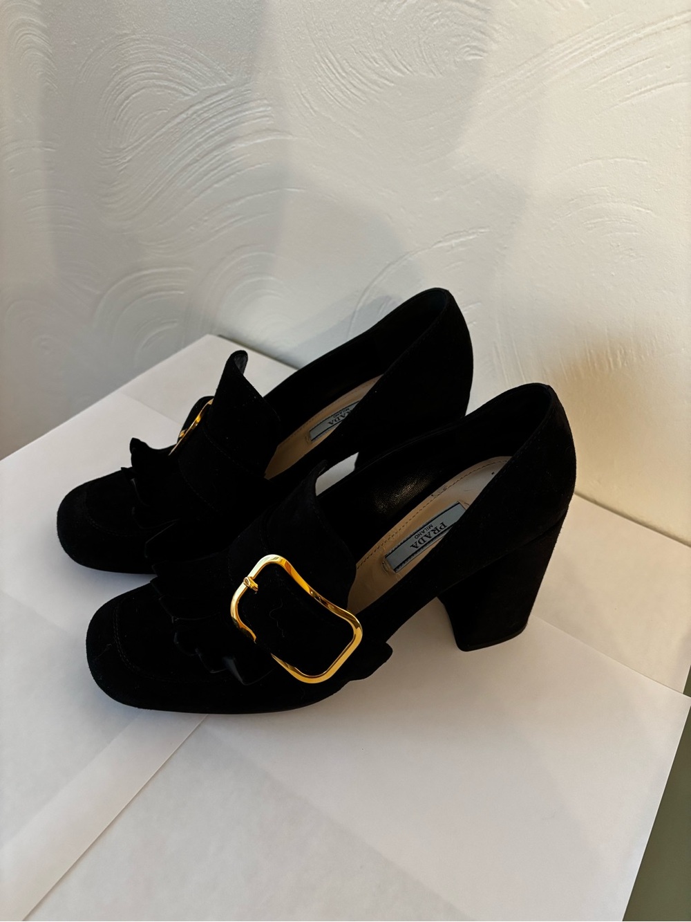 Prada Black Suede Chunky Heel Loafers with Gold Buckle